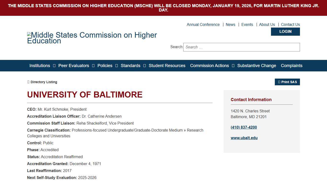 University of Baltimore - Statement of Accreditation Status